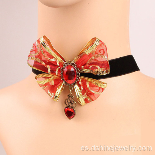 Collar de encaje de terciopelo oro gemas rojo Bowknot